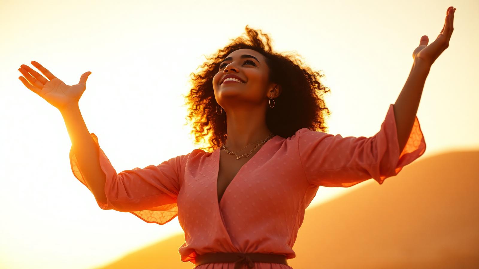 A radiant woman standing in golden light, arms open in empowerment